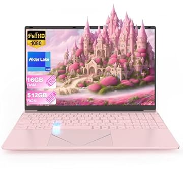 Laptop rosa de 15,6 polegadas, laptop com CPU Quad Core N95 Alder Lake, 16 GB DDR4 512 GB SSD portátil PC com desbloqueio de impressão digital, tela FHD IPS, KB com retroiluminação colorida, WiFi5