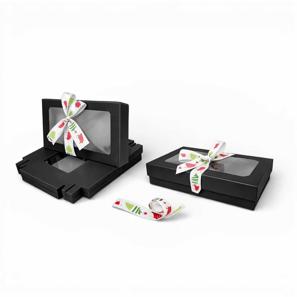 Emartbuy Pack of 96 Black Gift Boxes with Clear Window Lid & White Tree Satin Ribbon - Large Wide 29.5 x 22 x 4.5 cm - Recyclable Kraft Presentation Box for Hampers, Treats, Weddings & Favours