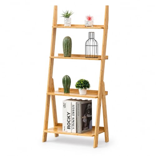 Maydear Bamboo Ladder Shelf Bookcase, 4-Tier Leaning Bookshelf Free Standing