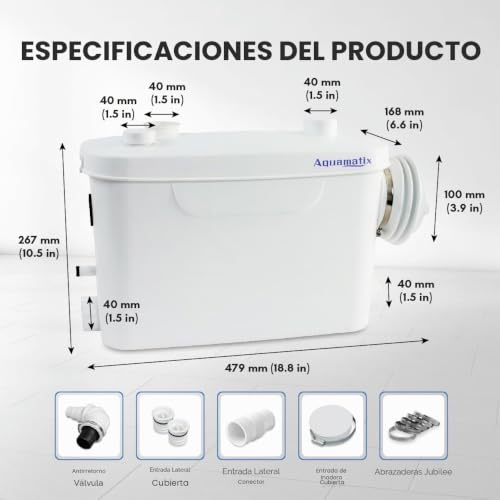 Miniatura 8 de Aquamatix Bomba Maceradora 400w Bomba Sanitaria De Aguas Residuales 100l Min 3 Entradas Para Inodoros Suspendidos 6,5m Distancia De Bombeo Vertical Con Filtro De Carbono