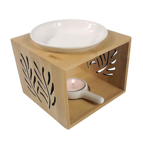 Lámpara aromática de cerámica de bambú, 12 x 12 x 9,5 cm, quemador de cera de madera, lámpara de aroma para aceites esenciales, lámpara de aroma grande de bambú de cerámica, entrega con cuenco y