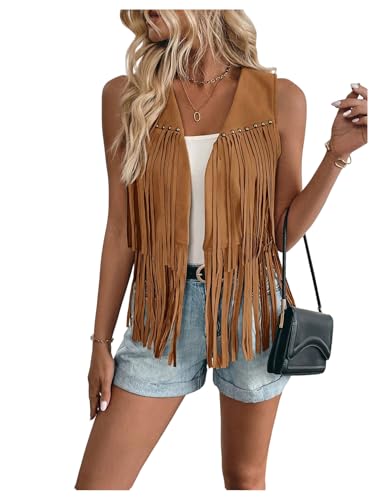 Milumia Women's Faux Suede Fringe Cowgirl Vest Western Sleeveless Cardigan Jacket