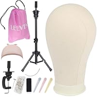 Leeven 22 Inch Wig Stand Tripod with Canvas Wig Head Poly Manikin Head for Making Wigs Adjustable Tripod Wig Head Stand Canvas Block Head Wig Making Accessories