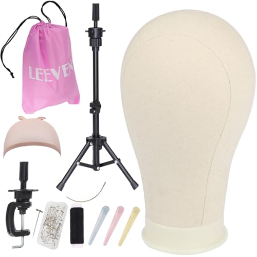 Leeven 22 Inch Adjustable Tripod Wig Stand with Canvas Block Head for Making Accessories and Manikin Display