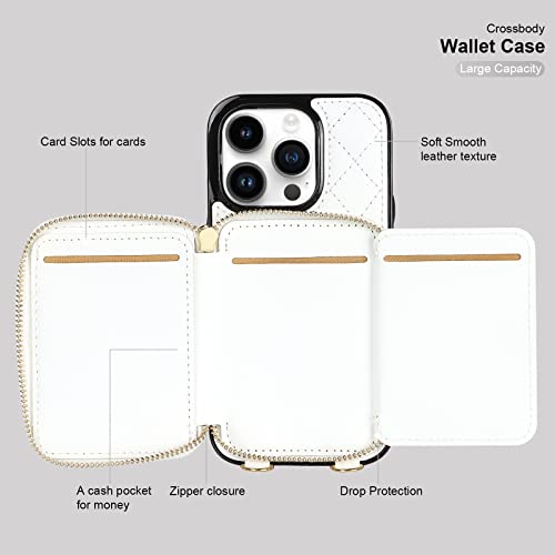 Bocasal Crossbody Wallet Case For Iphone 14 Pro, Rfid Blocking Pu Leather Zipper Handbag Purse Flip Cover, Kickstand Folio Case With Card Slots Holder Wrist Strap Lanyard 5G 6.1 Inch (White) #TOP6