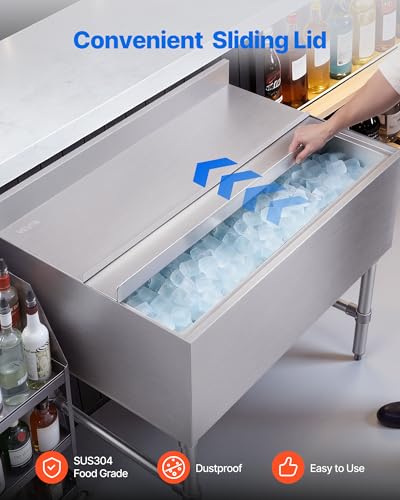 Image of VEVOR Commercial Ice Bin Stainless Steel Ice Chest with Sliding Lid, 24H Long-Lasting Insulation, Cooler Cart Cocktail Unit for Bar Restaurant Pub, NSF, 24 Inch