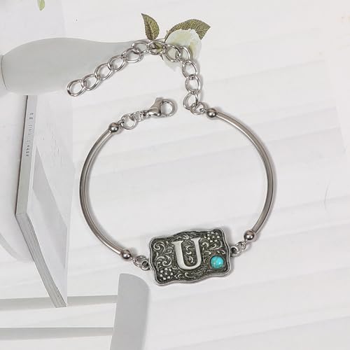 Image of Belt Buckle Bracelet Initial Letter A-Z Bracelets Western Cow Tag Bracelet Belt Buckle Necklace Western Style Initial Letter Pendant Necklace