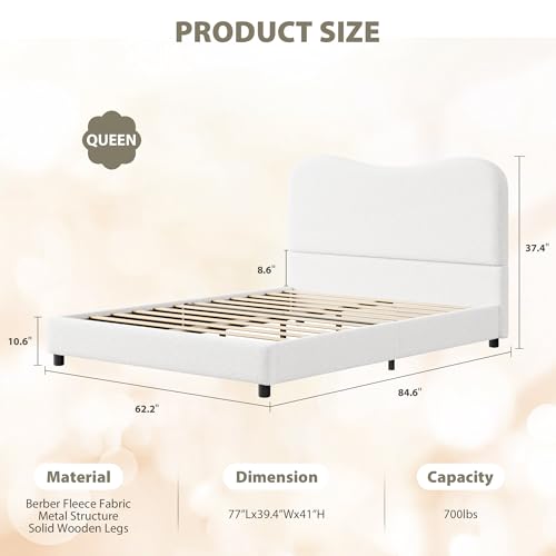 GarveeHome Upholstered Queen Bed Frame with Headboard, Upholstered Velvet Low Profile Platform Bed, No Box Spring Needed, Strong Wooden Slats, Noise Free, Easy Assembly, White