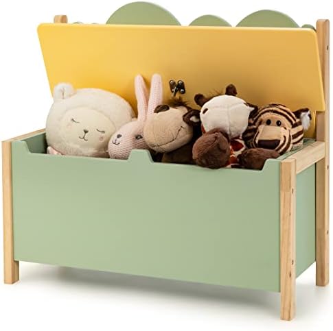 COSTWAY Wooden Toy Box, 2-in-1 Kids Bench and Storage Chest with Safety Hinged Lid, Multifunctional Children's Organizer Cabinet for Playroom Bedroom