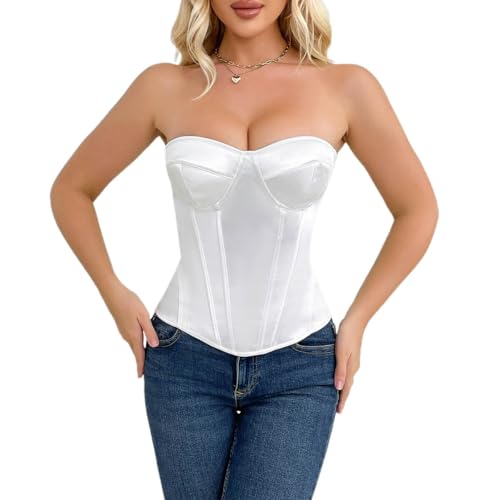 SHYMMUO Satin Corset Tops for Women Strapless Bustier Sweetheart Neckline Boned Bodice Bridal Lingerie Party Clubwear