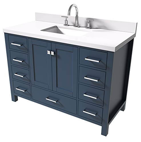 Ariel 49" Midnight Blue Bathroom Vanity W/ 1.5" Edge Pure White Quartz Countertop & Backsplash | Single Rectangular Sink | 2 Soft Closing Doors & 9 Full Extension Dovetail Drawers | Satin Nickel Pulls #TOP4