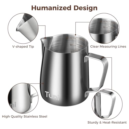 Image of Tuni Milk Frothing Pitcher, 12oz /350ml Stainless Steel Milk Jug Steaming Cup, Milk Coffee Cappuccino Latte Art Steam Creamer Frother Pitcher