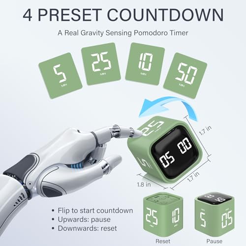 Image of Rotating Pomodoro Timer 5, 25, 10 50 Minutes Preset, Desk Productivity Flip Timer, ADHD Tool Cube Countdown Stopwatch, Vibration /High /Low Volume /Custom Modes, for Work, Study, Back to School, Green