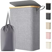 Lifewit 50L Slim Laundry Basket with Lid, Narrow Laundry Bin with Removable Bag & Bamboo Handles, Foldable Thin Dirty Clothes Hamper for Laundry, Bathroom, Bedroom, Dorm (Grey)