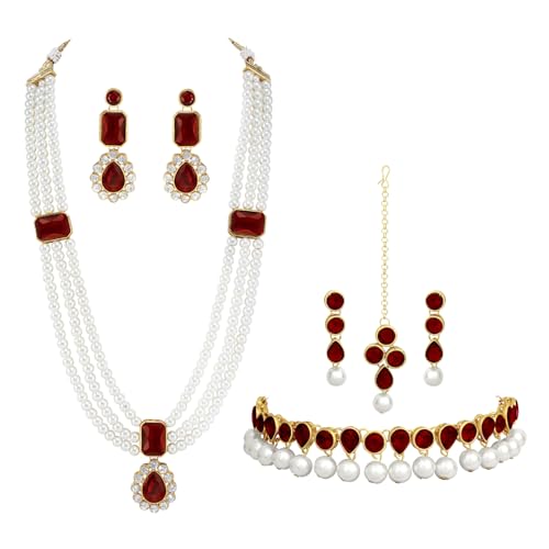 Image of Peora Crystal Faux Pearl Kundan Necklace & Jewellery Set Gift for Women