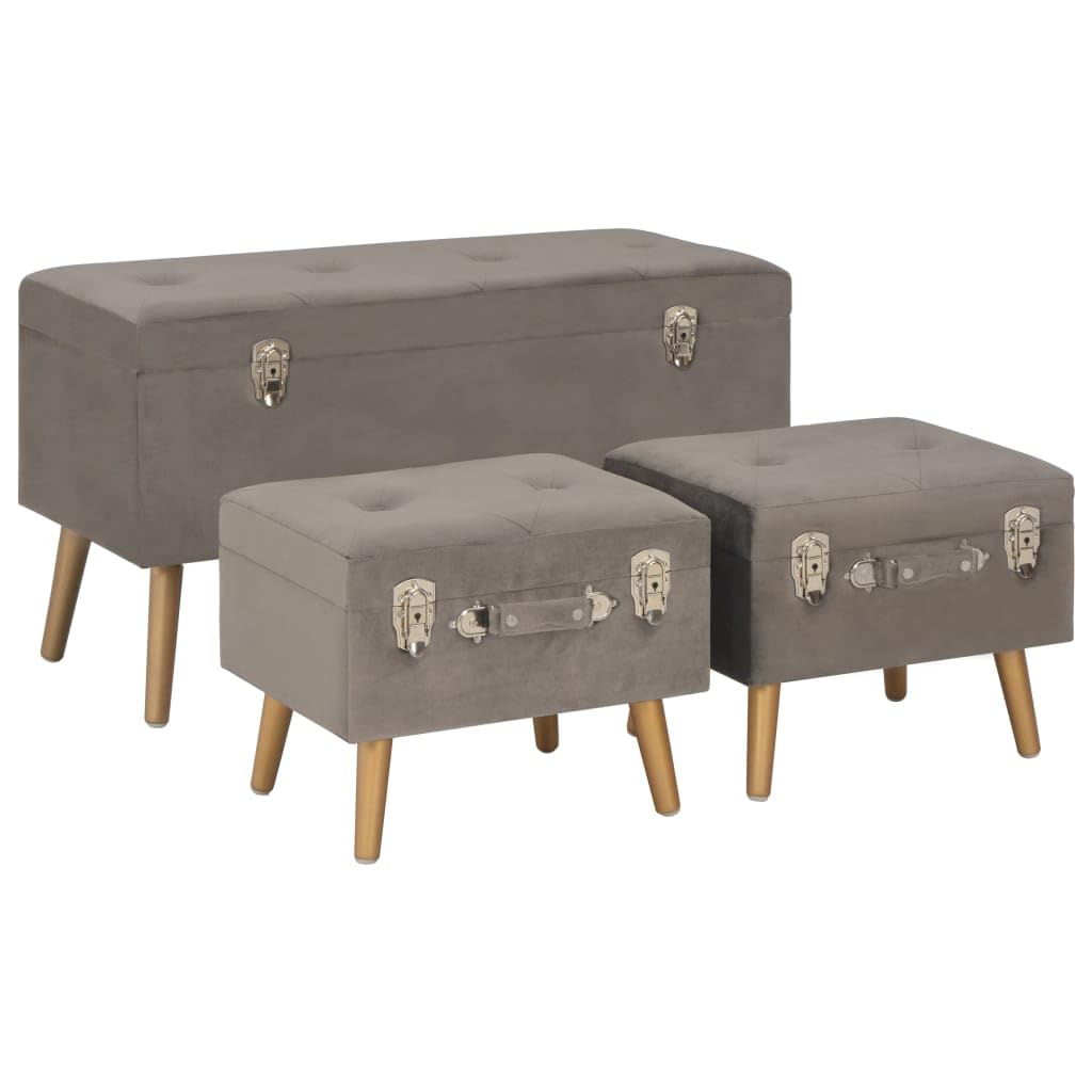 Taburete con espacio de almacenamiento, 3 unidades, terciopelo gris, patas de madera maciza, taburete grande y pequeño con compartimento, cofre versátil para pasillo, dormitorio, pasillo