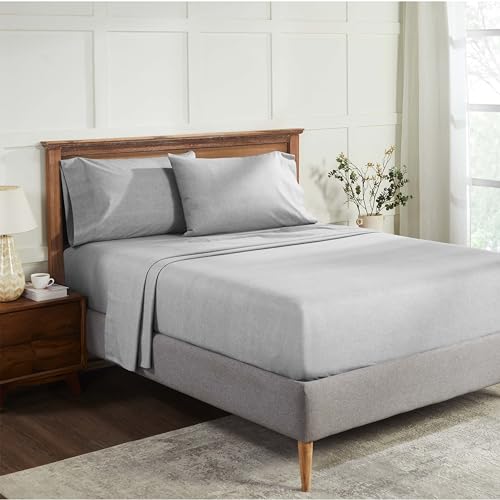 Image of Superior Melange Flannel Cotton Sheet Set, Ultra-Soft Textured Sheets, Modern, Farmhouse Bedding, Basics, Includes; Flat Sheet, Elastic Deep Pocket Fitted Sheet, Pillowcases, California King, Grey