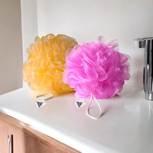 Image of QBZ Large Bath Loofah Sponge Scrubber Exfoliator for High Lather Cleansing (YELLOW & PINK, 1 Count (Pack of 2))
