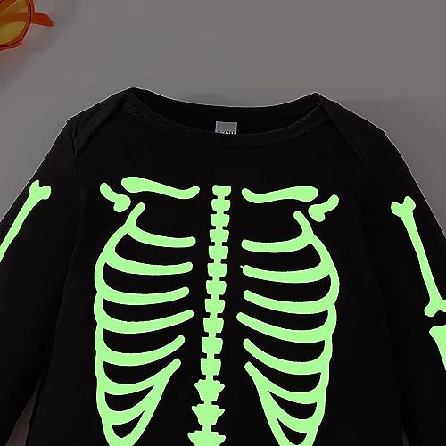 Macacão infantil meninos meninas manga longa que brilha no escuro esqueleto de Halloween esqueleto p