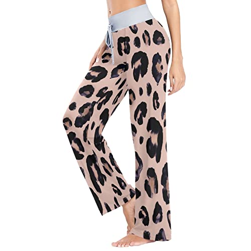 Leopard Print Cheetah Pink Women Pajama Bottoms,Drawstring Long Pajama Pants Casual Wide Leg Comfy Lounge Pant #TOP2