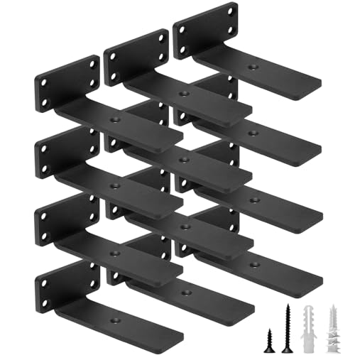 HITOMEN Heavy Duty Floating Shelf Brackets, 5-Inch (1/5'' Thick) Hidden Shelves Hardware, Iron L Brackets, Rustic Industrial Black Metal Wall Shelving Supports, 12 Pack