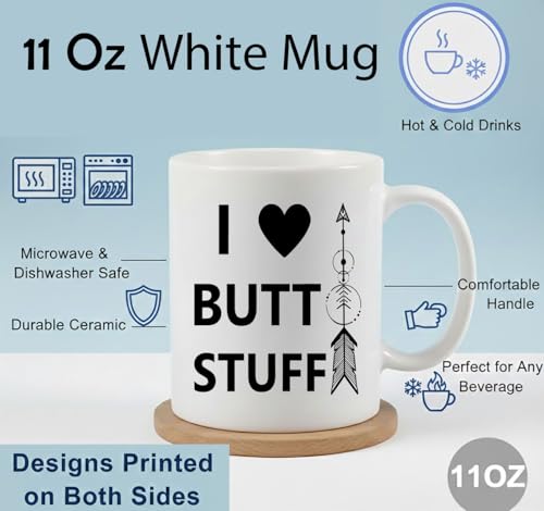 Ceramic Coffee Mug, 11 Oz, White, Microwave Safe, Glossy Finish, I Love Butt Stuff Novelty Design, Double-Sided Print
