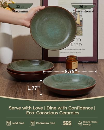 Image of Pokini 32 Piece Double Bowl Dinnerware Sets with Pasta Bowls, Highly Chip and Crack Resistant Plates and Bowls Sets, Natural Earthyware Ceramic Dishware Sets, Service for 8 Brown Green