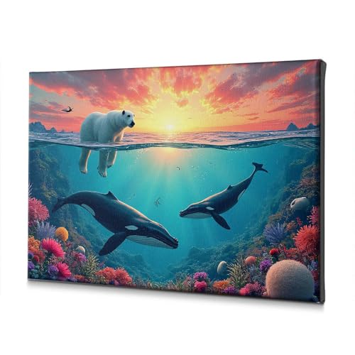 Tableau ours polaire baleines coucher de soleil décoration murale salon 20x30