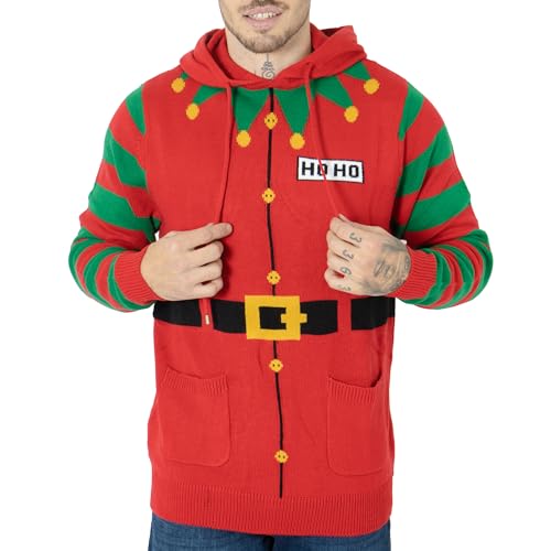 NOROZE Men’s Christmas Jumper Hoodie Elf HoHo Candy Cane 3D Knitted Pullover Xmas Sweater Top