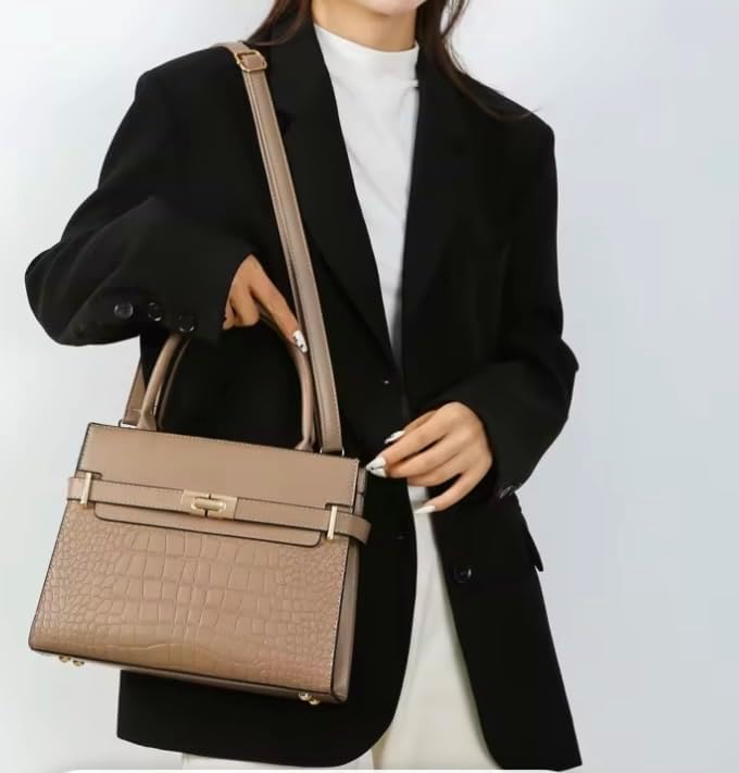 Women’s Croc-Embossed Satchel Handbag (Hermes Kelly Replica) – Top Handle Purse with Adjustable Crossbody Strap - Image 2