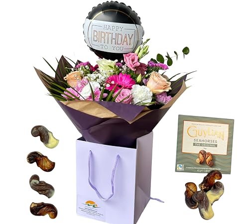 Birthday Bouquet Fresh Flowers Birthday Balloon -Pink Roses, Carnations, Purple Gerbera and Lisianthus Arrangement Chocolate (Choco + Balloon)