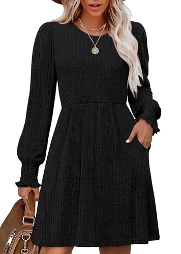 Image of Aokosor Long Sleeve Dress for Women Jumpers Dress Puff Sleeve Tunic Dress with Pockets Fall Outfits 2025 Black Size 6-8 S