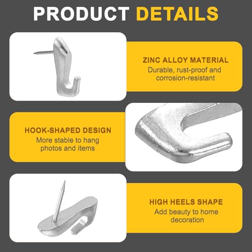 Image of uxcell 10 Pcs Push Pin Picture Hooks, Zinc Alloy Picture Hanging Nails Thumb Tacks Hanging Hooks with Nails for Wall Wooden Board, Silver