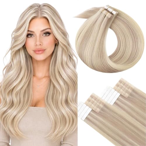 Image of LaaVoo Tape in Hair Extensions Human Hair Invisible Seamless Tapes in Ash Blonde with Bleach Blonde Hair Extensions Tape in Human Hair Silky Straight 16 Inch 50g 20Pcs