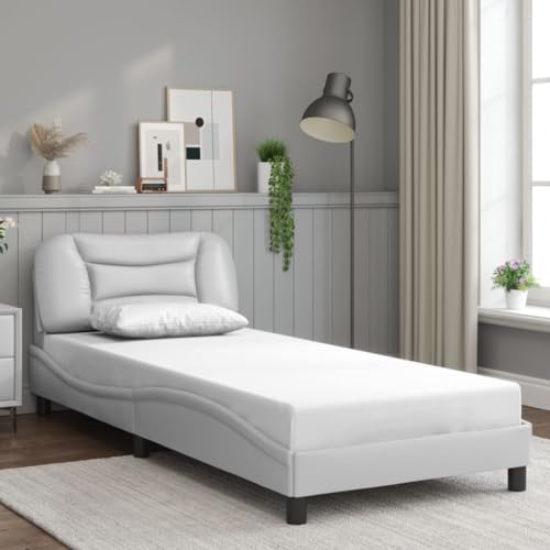 QZZCED Lit avec tête de lit en cuir synthétique et design latéral ondulé, structure de lit avec lattes en bois contreplaqué pour support robuste et...