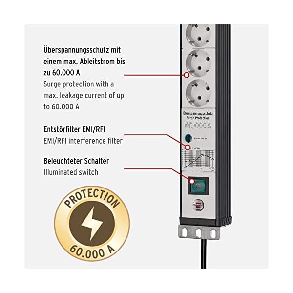 Brennenstuhl Premium-Line Steckdosenleiste 6-Fach mit Überspannungsschutz 60.000 A (Mehrfachsteckdose im 19" Format, 3m Kabel, mit Schalter, Made in Germany) schwarz/grau – Bild 4