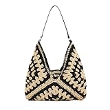 Raffia Knitted Handbags for Women Handmade Casual Beach Shoulder Bag Classic Fashion Woven Tote Bag (2 Black)