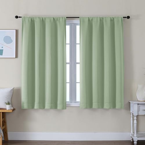 Image of Simplebrand Ava Light Green Short Blackout Curtains for Bedroom 45 Inches Long 2 Panels Set, Solid Thermal Insulated, Energy Saving Window Treatment Curtains Blackout Drapes, W40 x L45 Inch