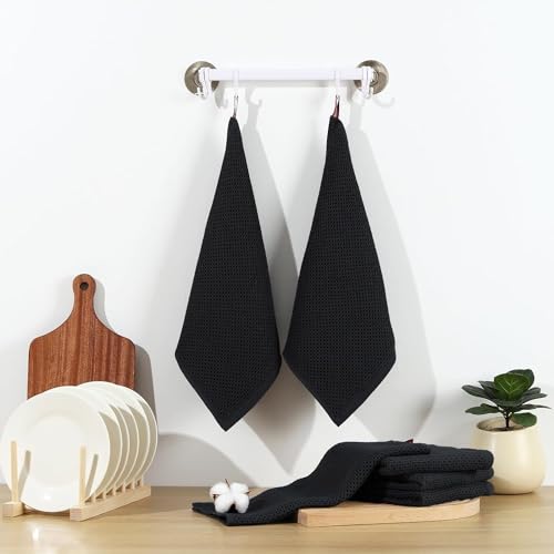 Image of Cotton Kitchen Dish Cloths, 6 Pack Super Absorbent and Lint Free Waffle Weave Dish Towels, Fast Drying Dish Rags for Washing Dishes, 13.4 X 13.4 Inch, (Black, Pack of 6)