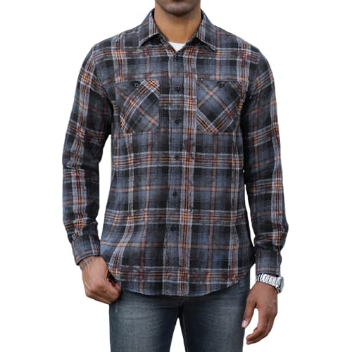 Image of WARHORSEE Flannel Shirt for Men Long Sleeve Button Down Plaid Shirts | Soft Cotton Blend for Multi-season Wear, Lightweight yet Warm, Dual buttoned storage pockets, Machine Washable Easy Care