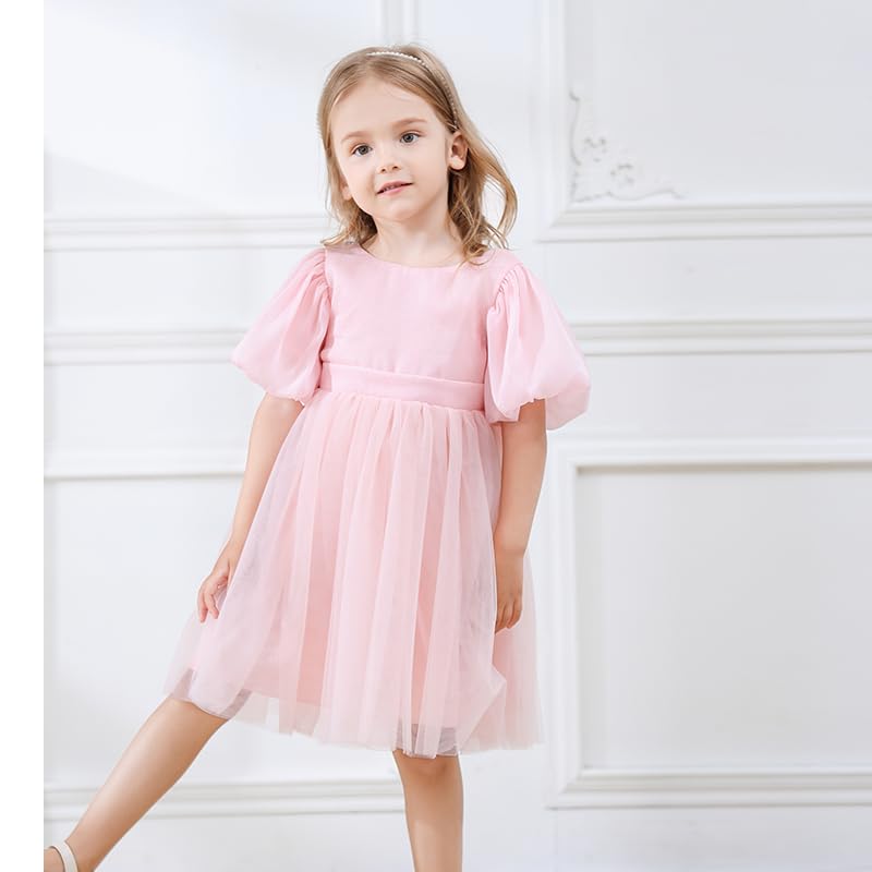 Toddler Girls Puff Sleeve Flower Girl Dress Tulle Backless Tutu Princess Party Dresses for Wedding Birthday 12M-8Y2