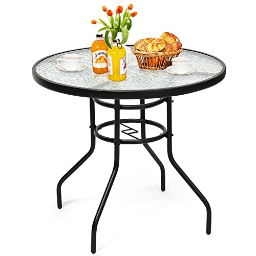 Giantex Table de Jardin Ronde, Table de Bistro avec Plateau Ø 80 cm en Verre Trempé et Trou de Parasol, Cadre en Métal Laqué pour Balcon, Terrasse, Jardin (Ronde)
