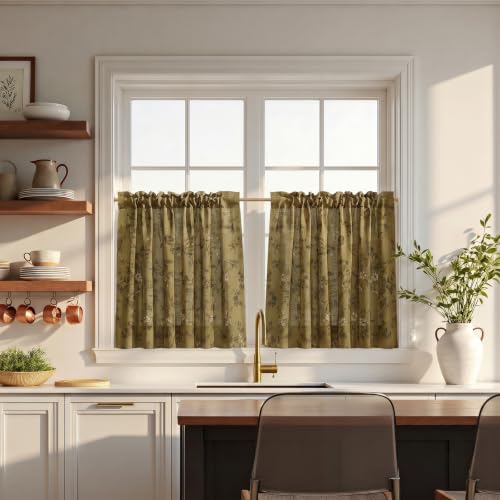 Image of TWOPAGES Rod Pocket Floral Print Cafe Curtains, Copper, 26W x 24L