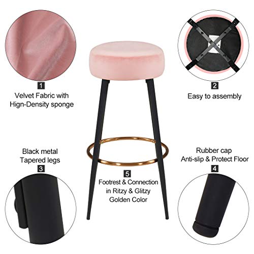 Duhome Set Of 2, Modern Round Velvet Bar Stools, Height 30 Inches, Kitchen Breakfast Round Dining Chair Height For Coffee Shop, Bar, Home Balcony (Pink Velvet) #TOP4