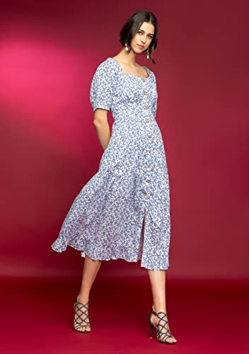 Rhysley Women's 2023 Paisley Print Rayon Tiered Square Neck Half Sleeves Casual Wear Midi Dress For Women White #TOP2