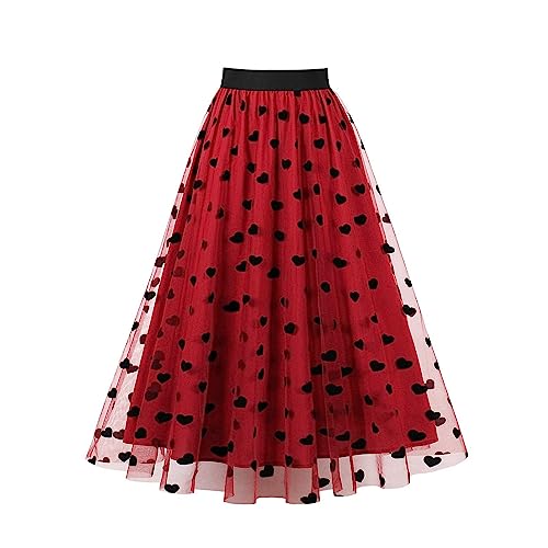 Tüllrock Damen Vintage Herz Druck Elastische Hohe Taille Tutu Röcke Mesh Geschichtet A-Linie Swing Midi Rock Casual Cocktail Party Rock Karneval...