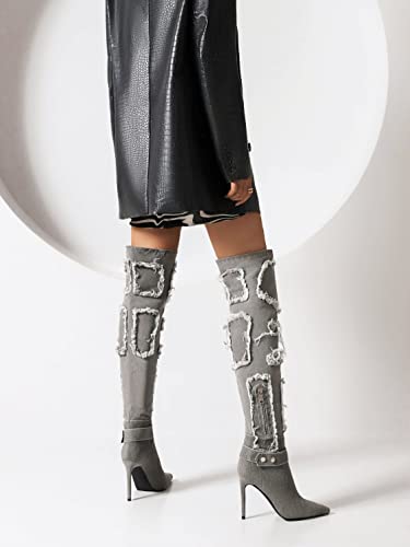 Vivianly Womens Denim Thigh High Boots Pointy Toe Long Boots Stiletto Heel Over The Knee Boots Size 9 #TOP2