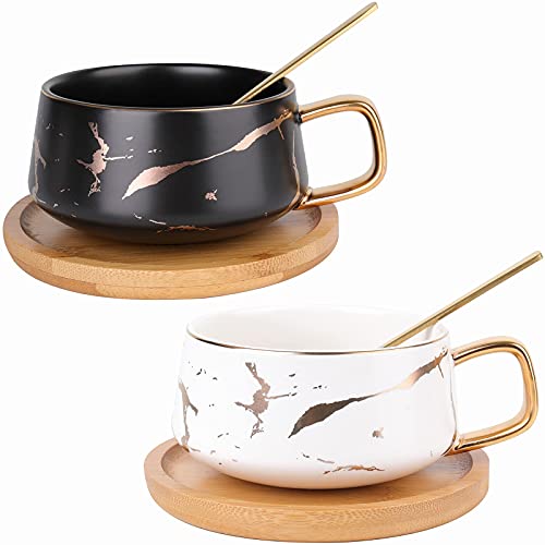 Peohud 2 Pack Ceramic Tea Cup and Saucer Sets, 300ml Marble Flat Cappuccino Mugs, Porcelain Coffee Mug with Spoon and Bamboo Saucer, Marble Espresso Cups for Latte, Americano, White and Black - Image 6
