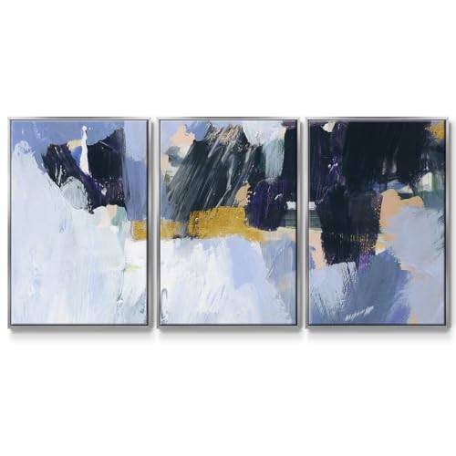 Renditions Gallery Abstract Wall Art Blue Black Watercolor Painting Modern Artwork for Home Décor 3 Pieces of Silver Framed Canvas Prints Wall Decorations for Kitchen and Bedroom 26x40 Inch LS008