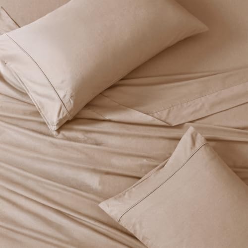 Image of LANE LINEN 100% Organic Cotton Bedsheet for Double Bed Queen Size - Taupe | GOTS Certified, Percale Weave, 90x100 inches, Soft & Breathable, Machine Washable, Includes 2 Pillow Covers